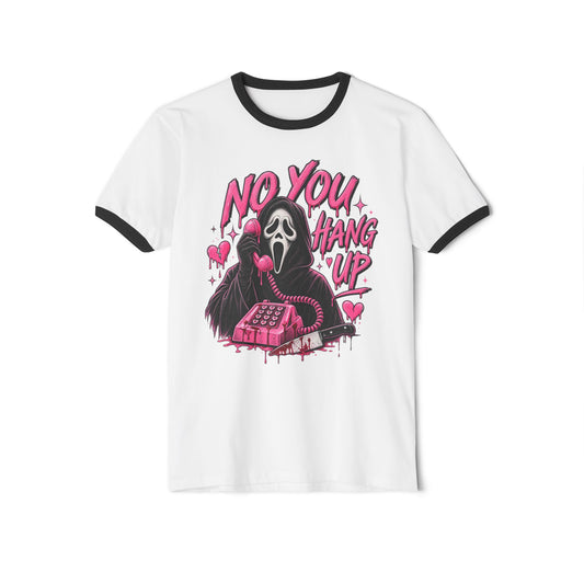 No You Hang Up ghost calling design T-Shirt | Scream phone horror pink