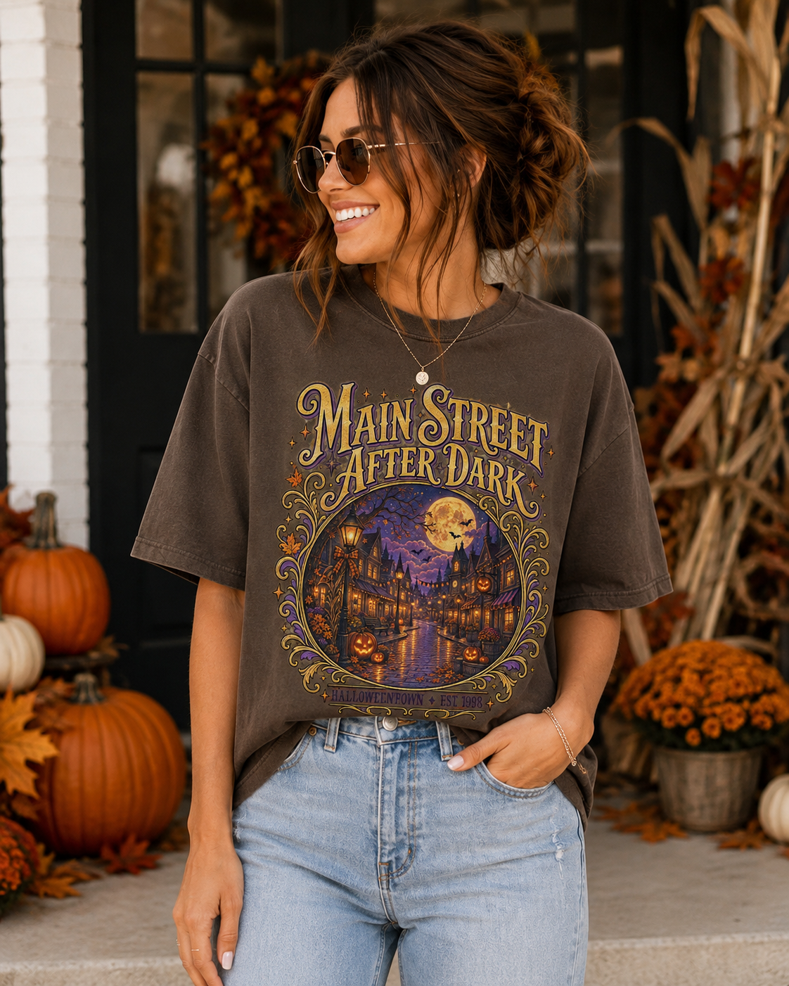 Main Street After Dark T-shirt | Halloween Town Moonlit Street Scene