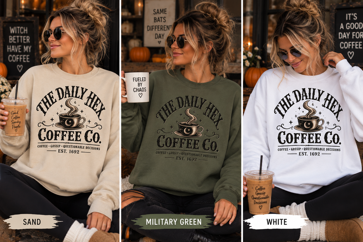Coffee Sweatshirt — "The Daily Hex Coffee Co." Cozy Witchy Coffee Crewneck