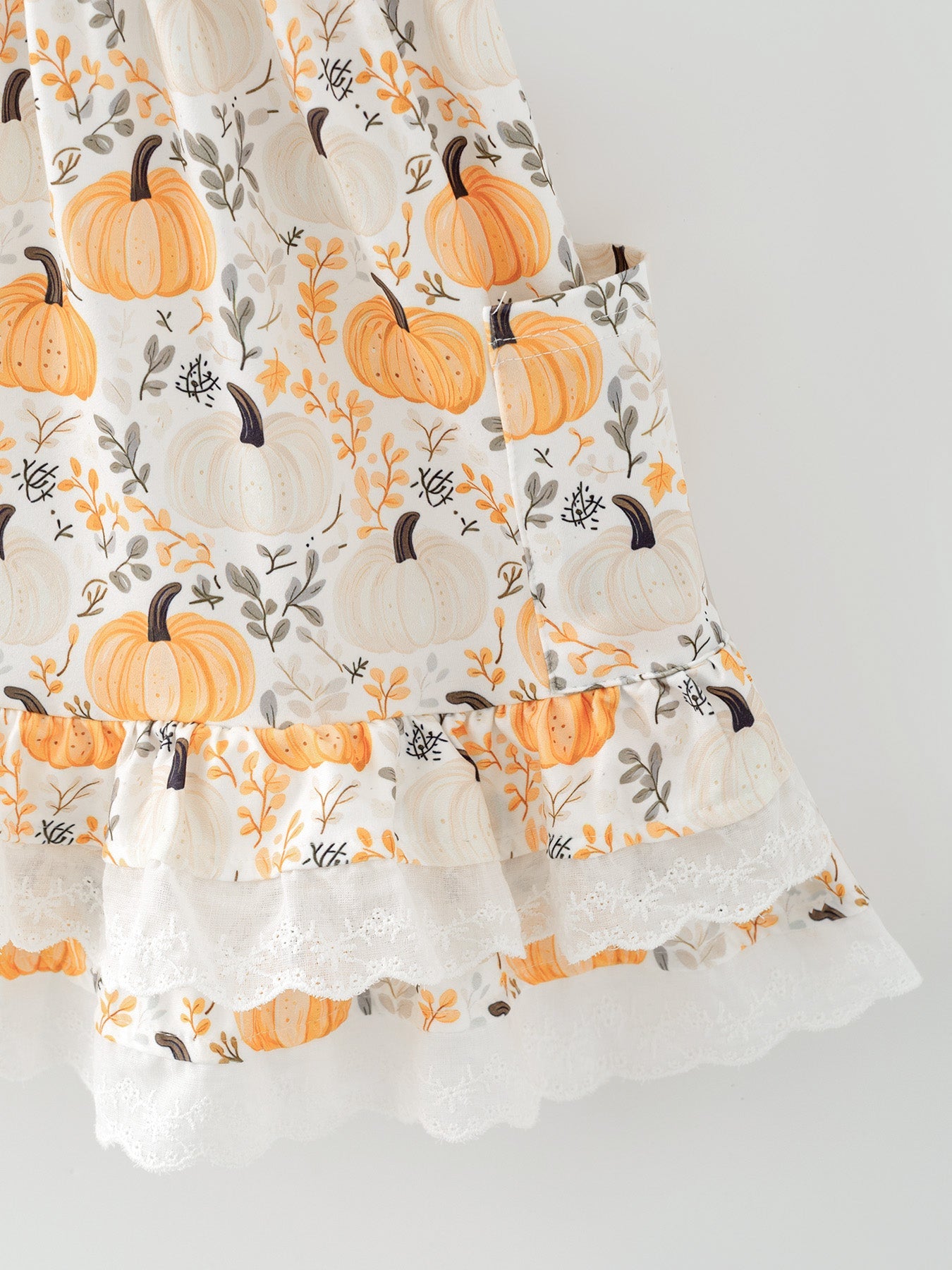 Fall Orange Girls Pumpkin Patch Pockets Dress Lace Trim