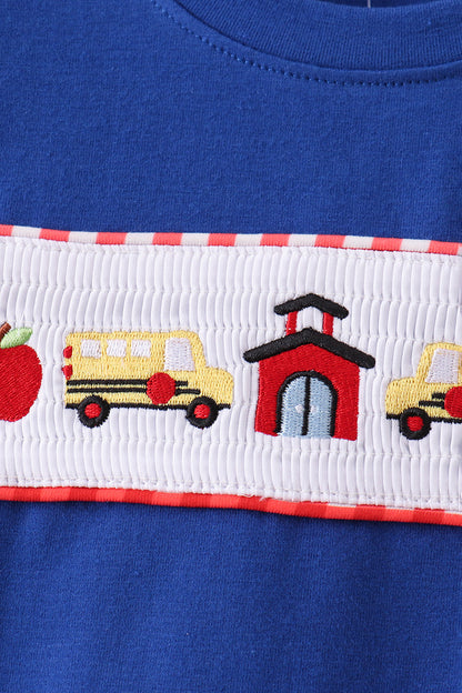 Navy School Bus Smocked Gingham Shorts Set