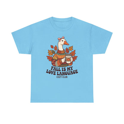 Goose in Scarf Holding Coffee T-Shirt | Fall Is My Love Language, Cozy Autumn Tee