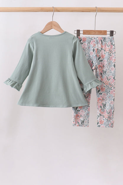 Sage Floral Pumpkin Applique Pants Set
