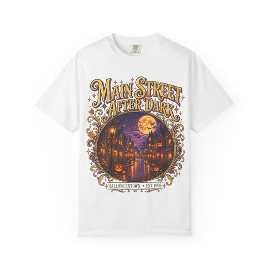 Main Street After Dark T-shirt | Halloween Town Moonlit Street Scene