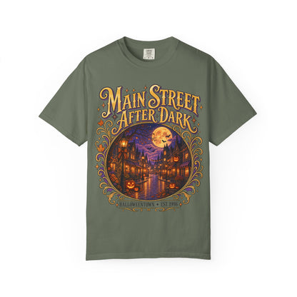 Main Street After Dark T-shirt | Halloween Town Moonlit Street Scene