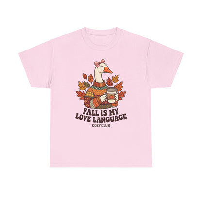 Goose in Scarf Holding Coffee T-Shirt | Fall Is My Love Language, Cozy Autumn Tee