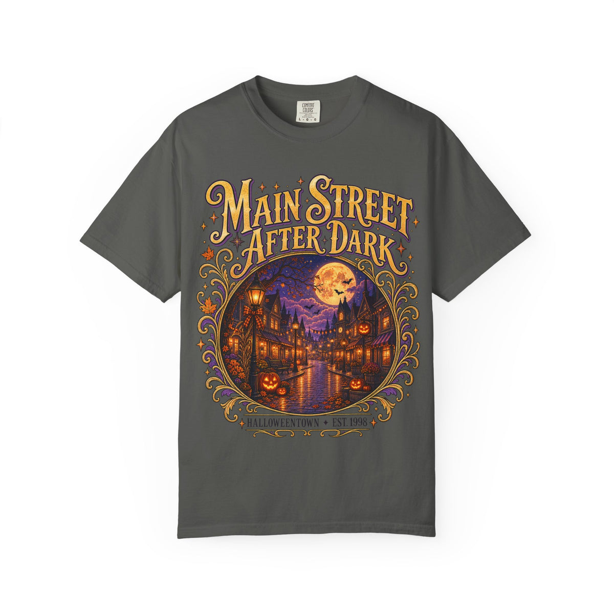 Main Street After Dark T-shirt | Halloween Town Moonlit Street Scene