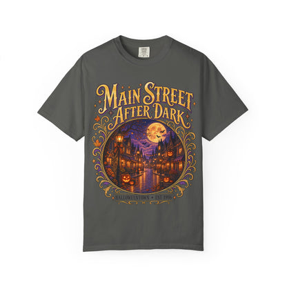 Main Street After Dark T-shirt | Halloween Town Moonlit Street Scene