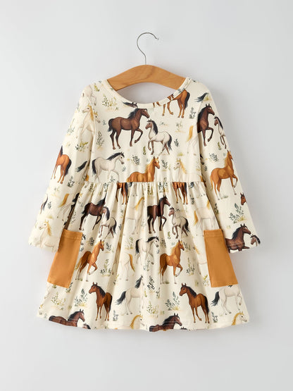 Western Horse Print Long Sleeve Dress