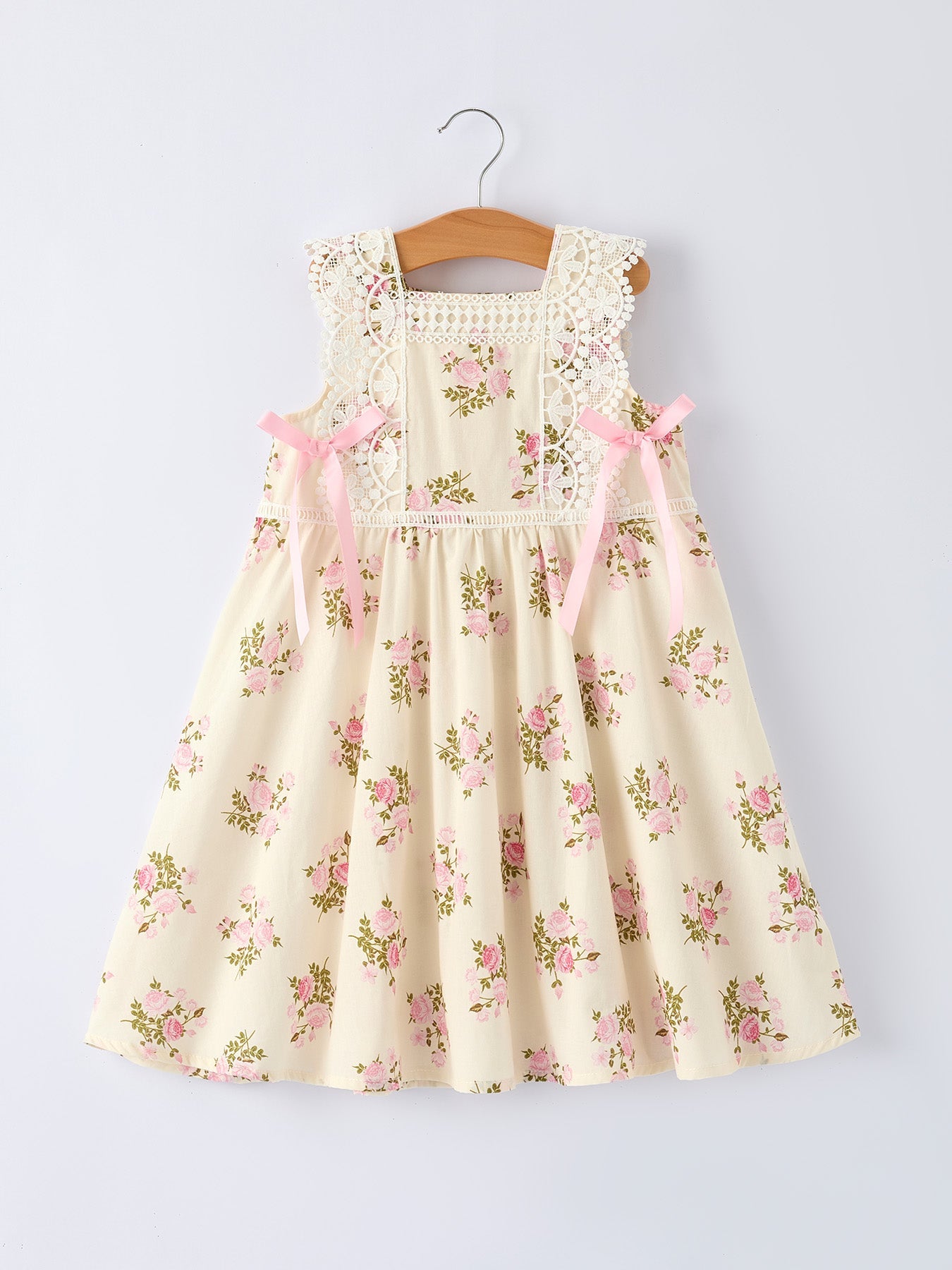 Lace-trimmed Bow Girls' Dress-Pink/Blue