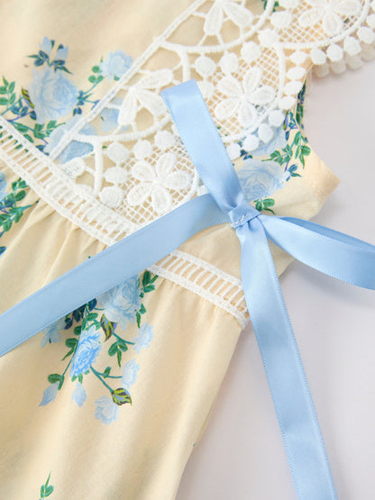 Lace-trimmed Bow Girls' Dress-Pink/Blue