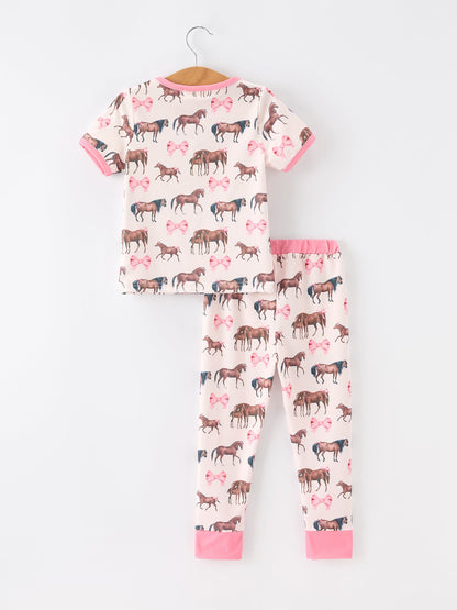 Girls Western Horse Bow Pajamas Set Print