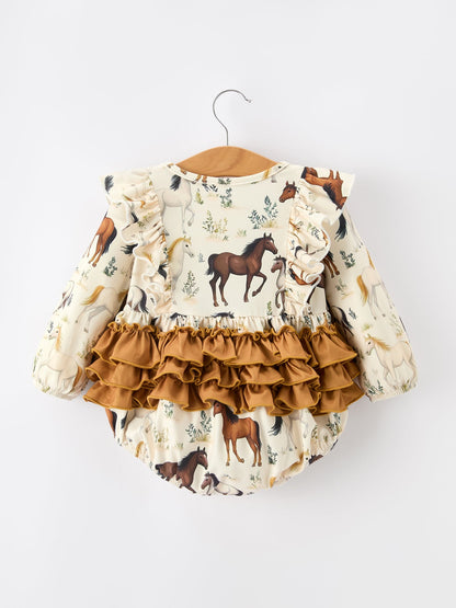 Western Horse Girls Romper Bow Ruffle Long Sleeve