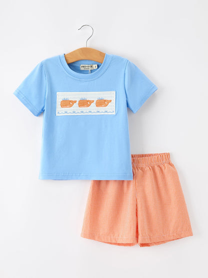 Summer Whale Embroidery Boys Set T Shirt Plaid Shorts Outfit