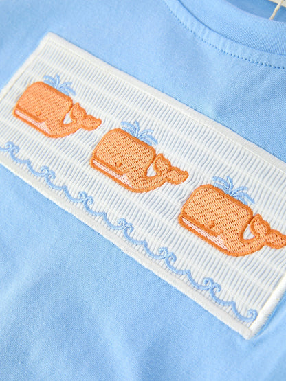 Summer Whale Embroidery Boys Set T Shirt Plaid Shorts Outfit