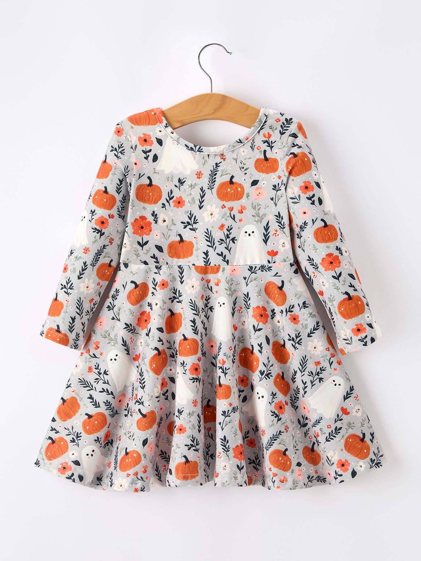 Halloween Pumpkin Ghost Girls Dress Long Sleeve Twirl Dress