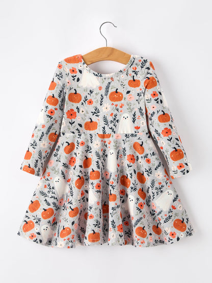 Halloween Pumpkin Ghost Girls Dress Long Sleeve Twirl Dress