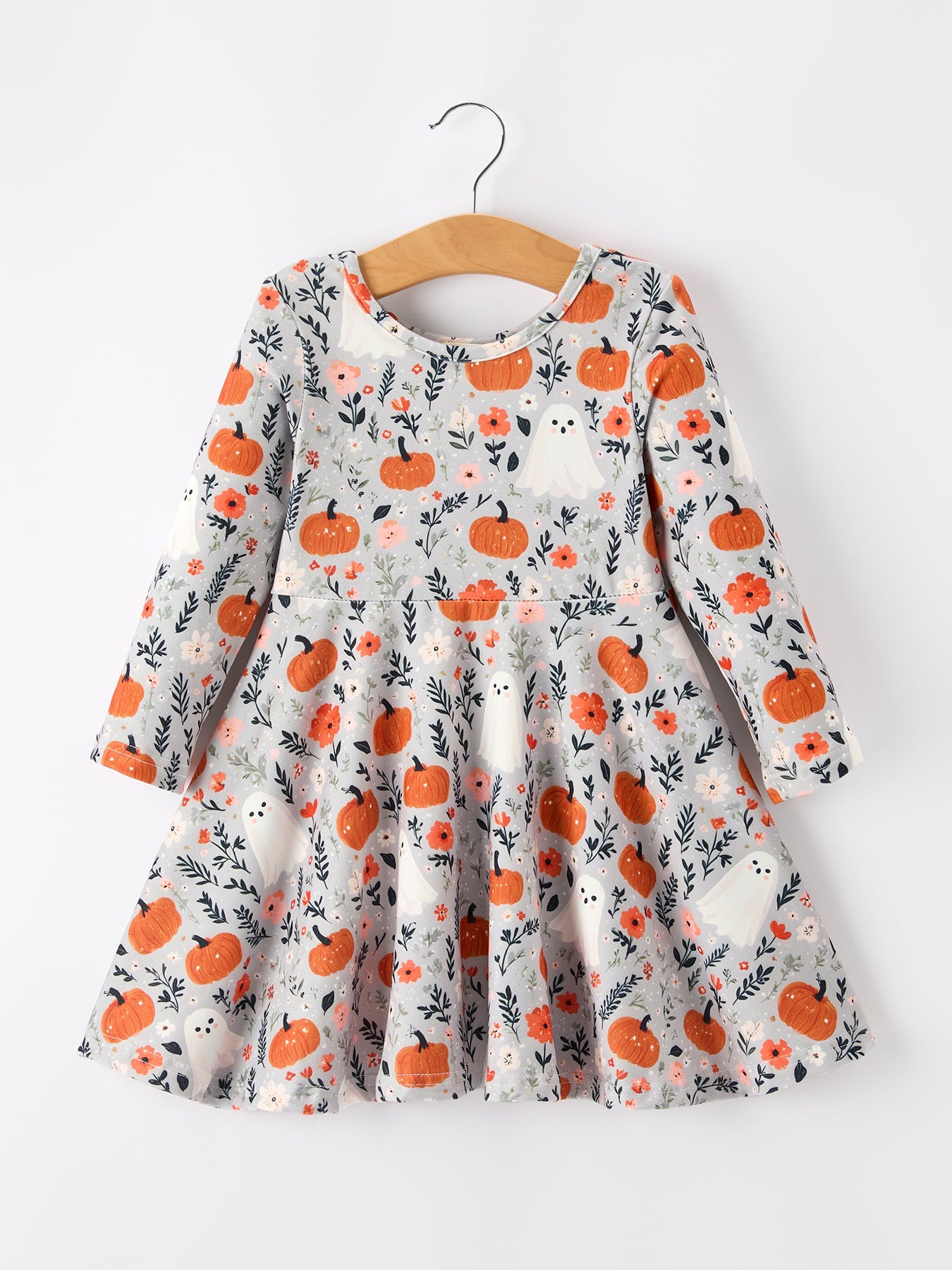 Halloween Pumpkin Ghost Girls Dress Long Sleeve Twirl Dress