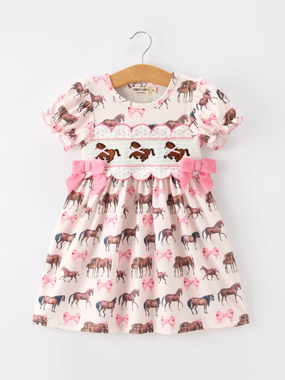 Western Horse Smocked Girls Dress Bow Ruffle Short Sleeve