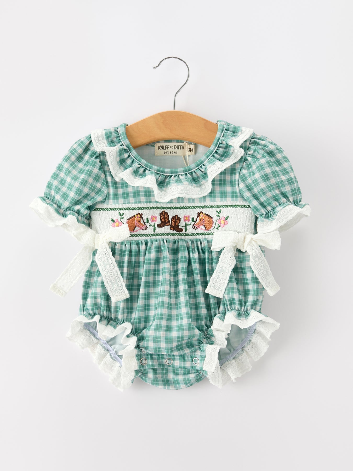 Western Plaid Horse Embroidered Girl Bubble Romper