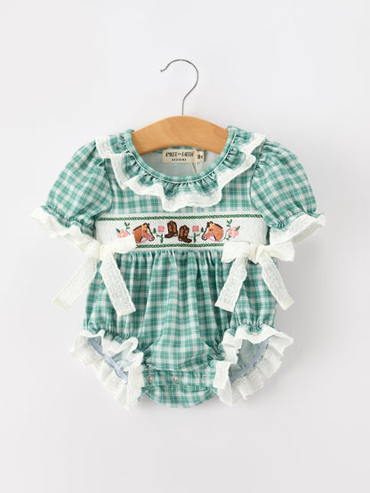 Western Plaid Horse Embroidered Girl Bubble Romper
