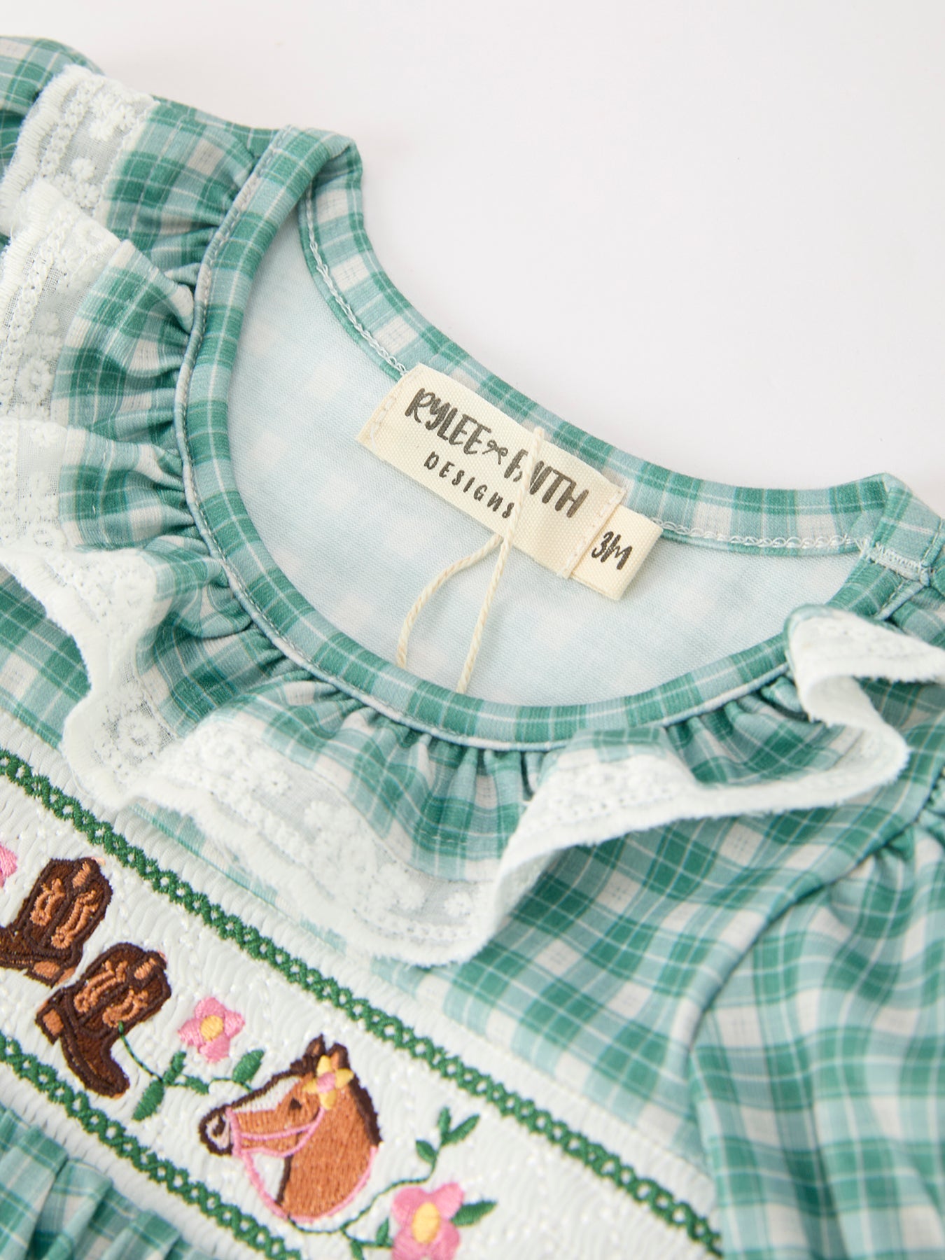 Western Plaid Horse Embroidered Girl Bubble Romper