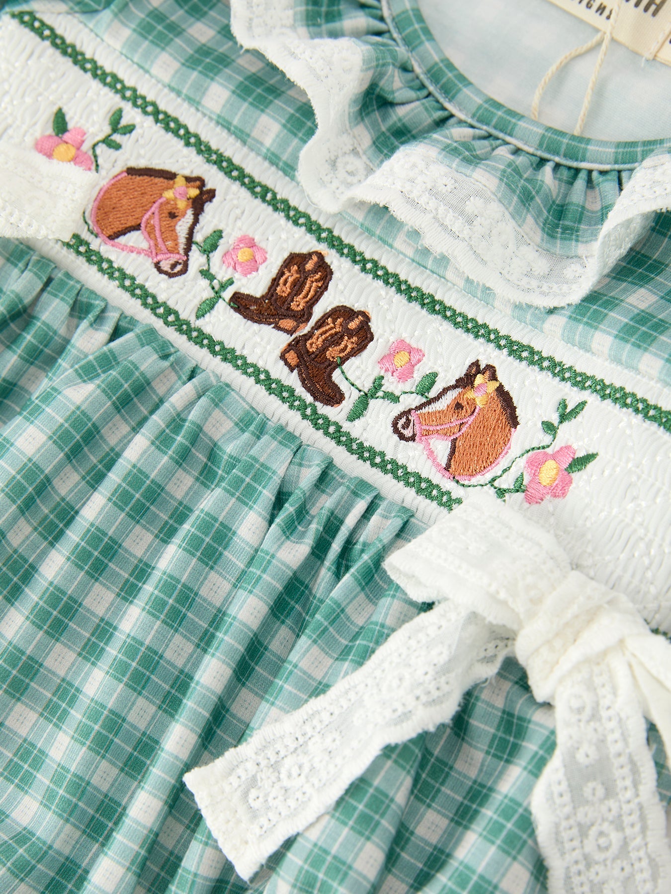 Western Plaid Horse Embroidered Girl Bubble Romper