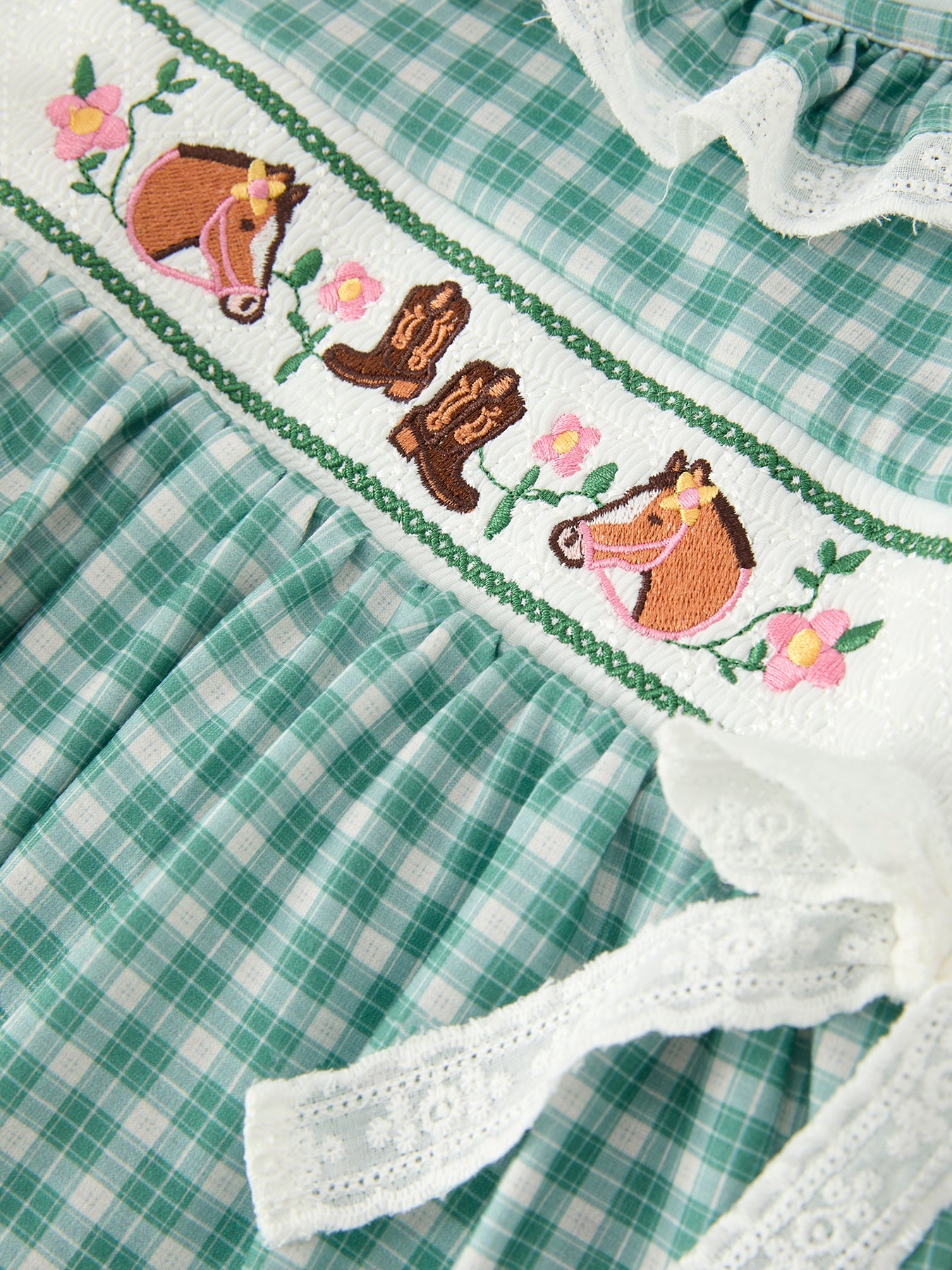 Western Plaid Horse Embroidered Girl Dress