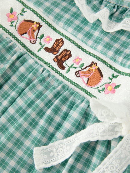 Western Plaid Horse Embroidered Girl Dress