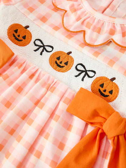 Halloween Pumpkin Plaid Bow Girls Dress