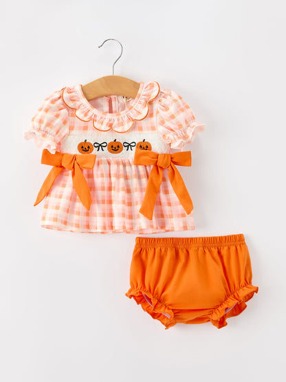 Halloween Pumpkin Plaid Girls Bloomer Set