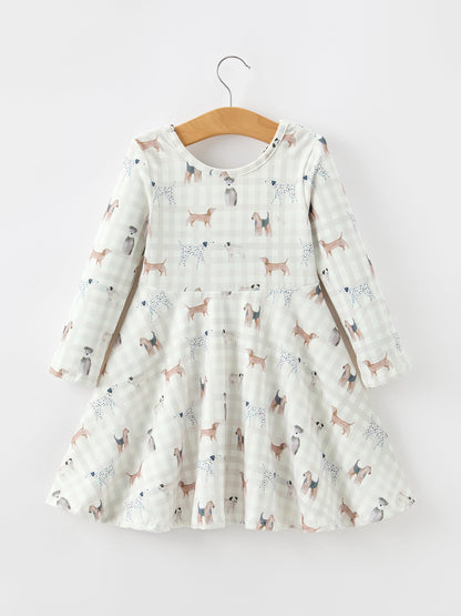 Fall Plaid Dog Print Girls Long Sleeve Twirl Dress