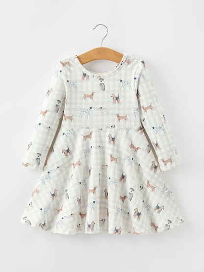 Fall Plaid Dog Print Girls Long Sleeve Twirl Dress