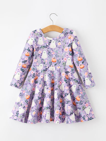 Halloween Ghost Pumpkin Girls Long Sleeve Twirl Dress