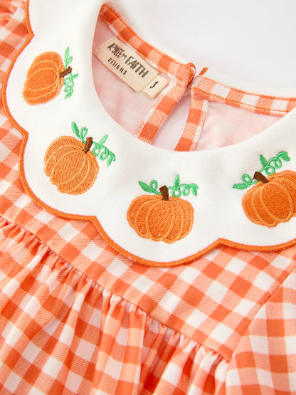 Fall Pumpkin Embroidered Puff Sleeve Girls Dress