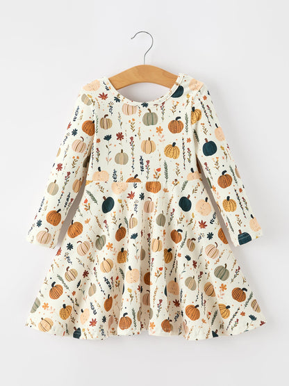 Fall Orange Pumpkin & Leaf Twirl Girls Dress
