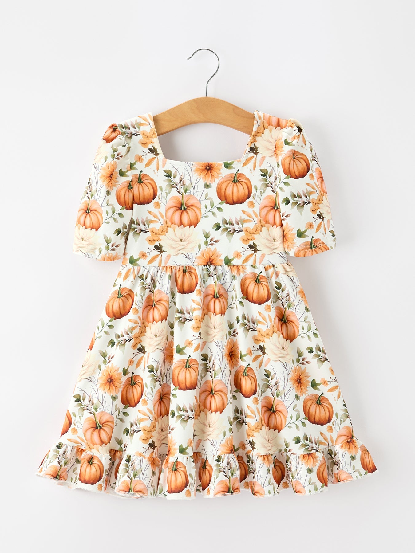 Fall Pumpkin Floral Girls Ruffle Hem Dress