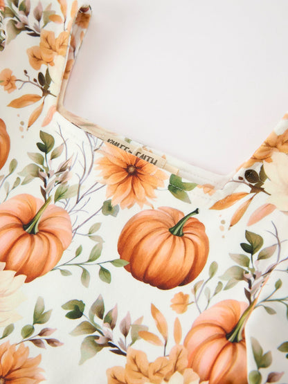 Fall Pumpkin Floral Girls Ruffle Hem Dress
