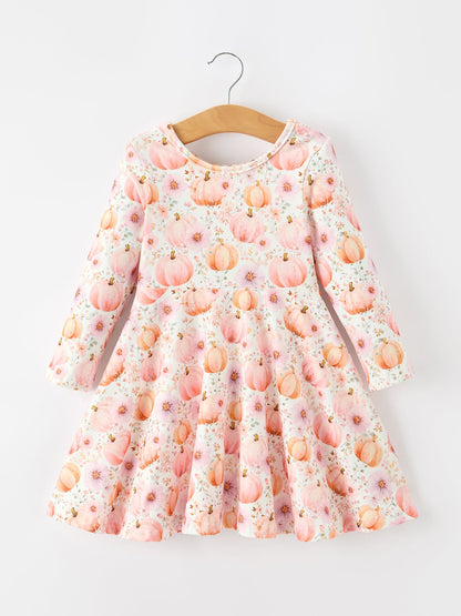Fall Pink Pumpkin Girls Long Sleeve Twirl Dress