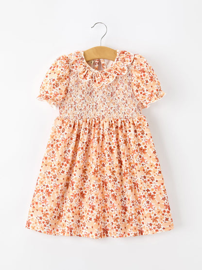 Fall Rust Floral Baby Girls Dress Smocked Petal Collar