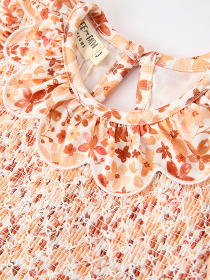 Fall Rust Floral Baby Girls Dress Smocked Petal Collar