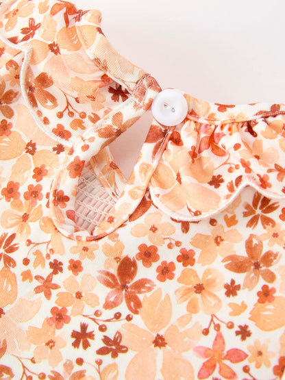 Fall Rust Floral Baby Girls Dress Smocked Petal Collar