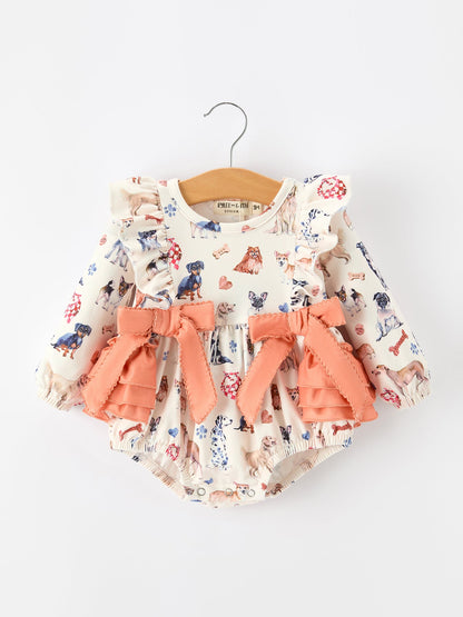 Fall Dog Print Girls Long Sleeve Ruffle Bow Romper