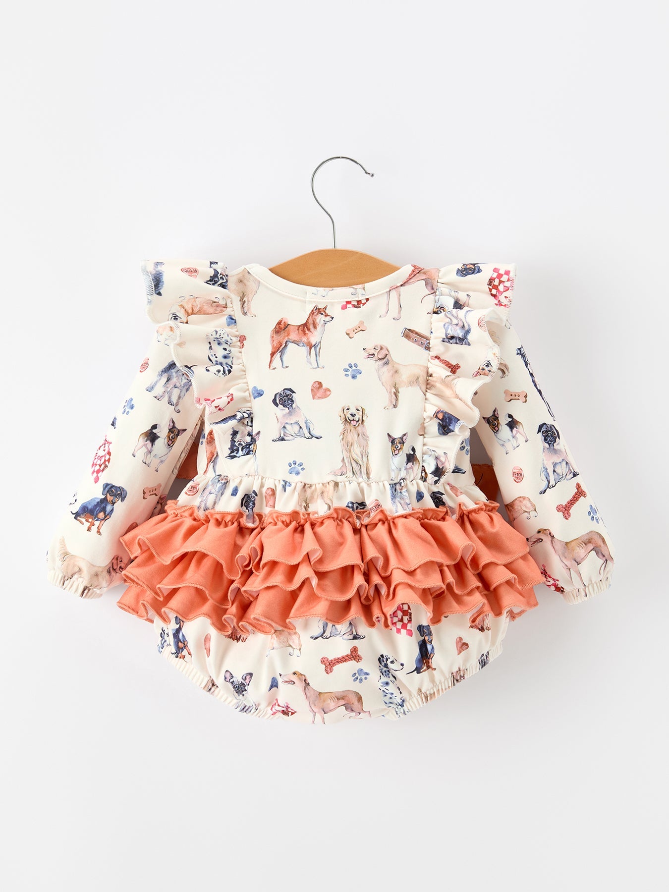 Fall Dog Print Girls Long Sleeve Ruffle Bow Romper