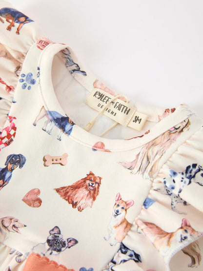 Fall Dog Print Girls Long Sleeve Ruffle Bow Romper