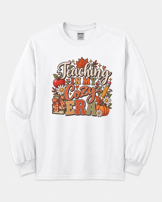 Teaching In My Cozy Era Long Sleeve Tee | Fall Teacher Shirt, Autumn Leaves Pumpkin Apple
