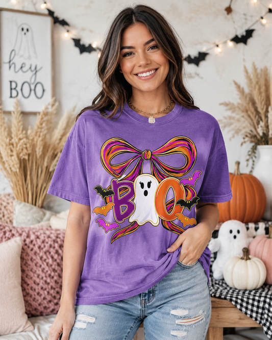 Boo Ghost Bow T-shirt | Halloween bats, pumpkin O, colorful bow