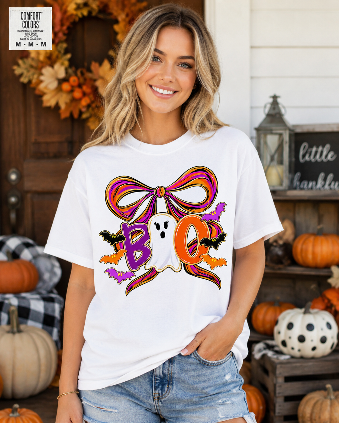 Boo Ghost Bow T-shirt | Halloween bats, pumpkin O, colorful bow