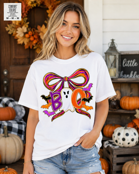 Boo Ghost Bow T-shirt | Halloween bats, pumpkin O, colorful bow