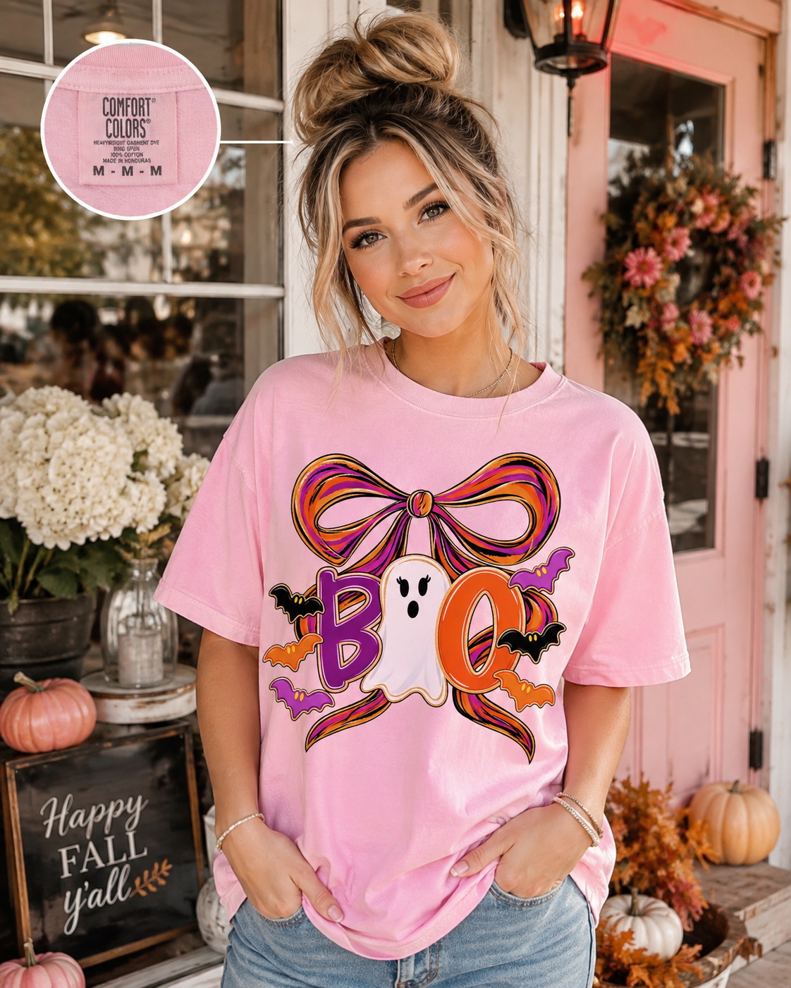 Boo Ghost Bow T-shirt | Halloween bats, pumpkin O, colorful bow